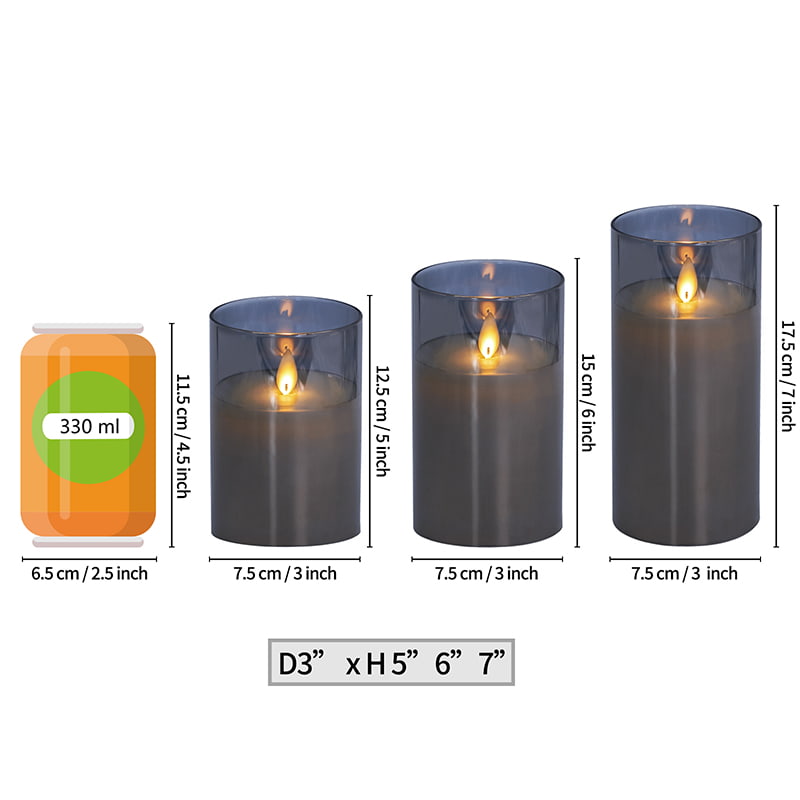3 pakke grå flammeløse glasslys med fjernkontroll